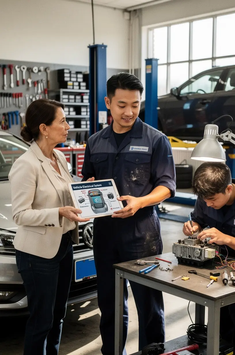 Fachmann verbindet Diagnosekabel mit dem Onboard-Diagnosesystem eines Autos.