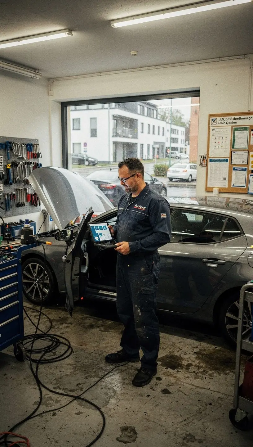 Werkstattmitarbeiter erklärt Kunden die Ergebnisse der Fahrzeugdiagnose anhand eines Tablets.
