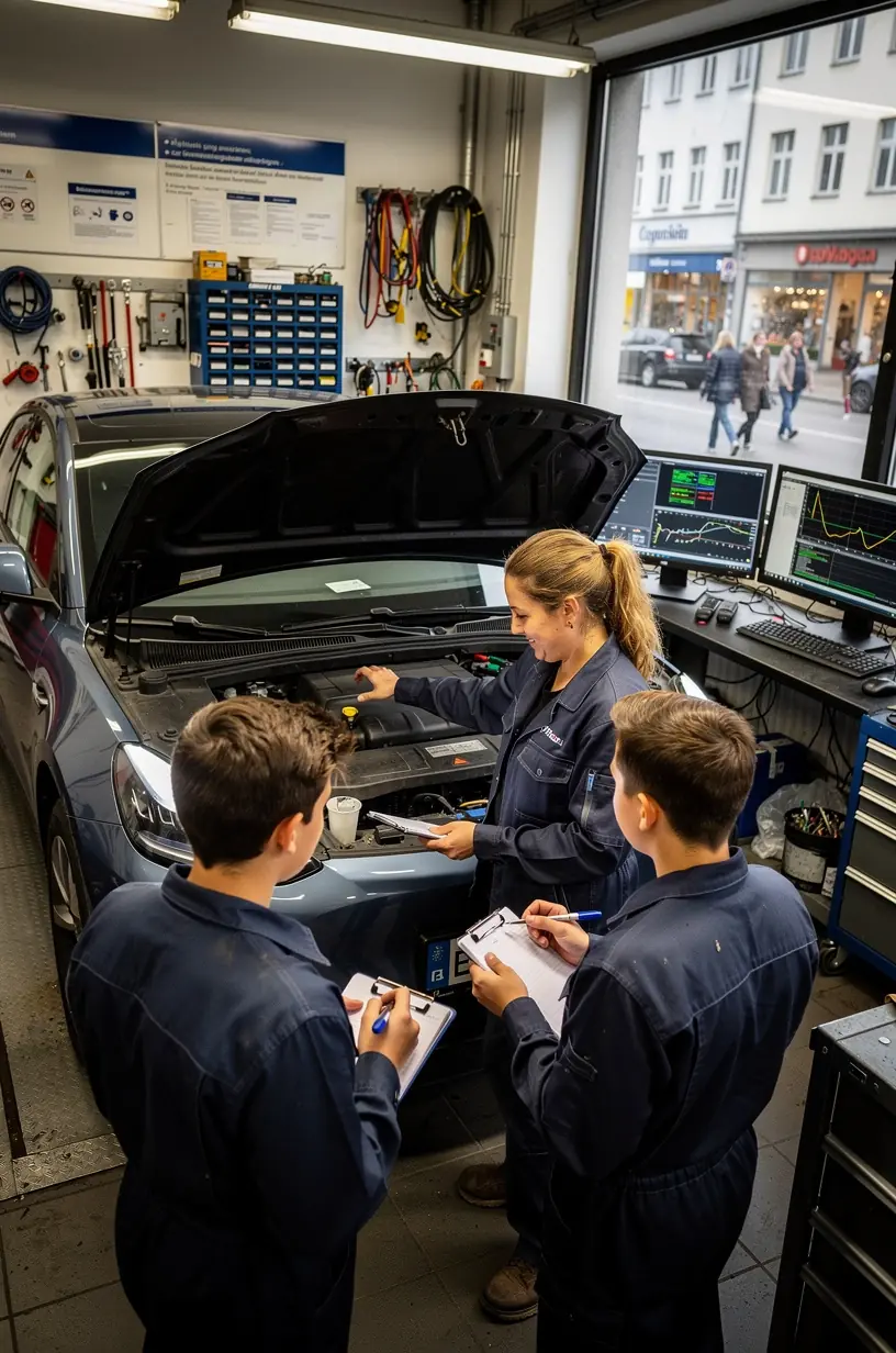 Techniker überprüft Fahrzeugdiagnose mit einem tragbaren Diagnosegerät am Motorraum.